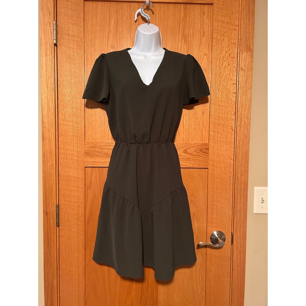 Women's Olive Green V-Neck Elastic Waist Ruffle Hem Mini Dress Size Medium